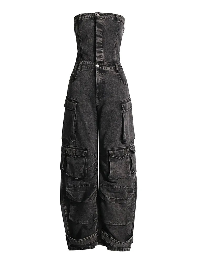 TWOTWINSTYLE Solid Patchwork Pocket Casual Denim Jumpsuits For Women Strapless Sleeveless High Waist Temperament Jumpsuit Female