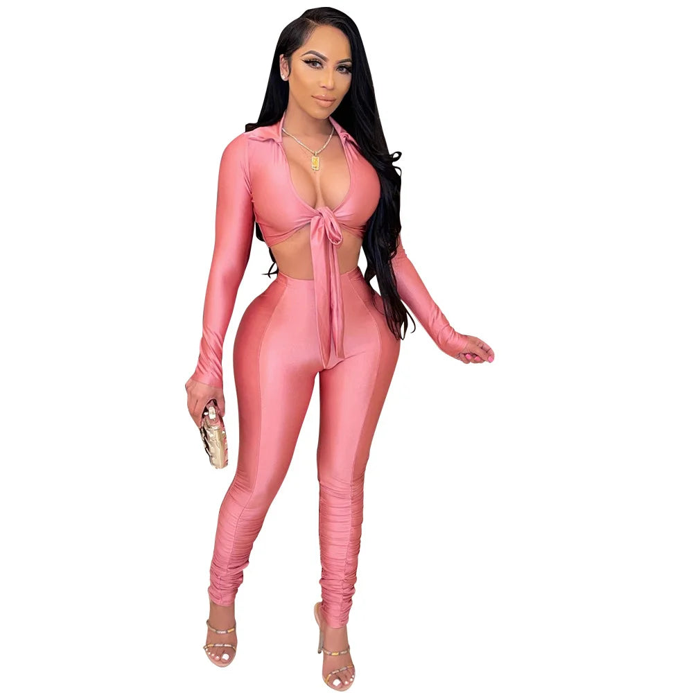 Women's Fashion Casual Slim Fit Two-Piece Set Open Shirt Butterfly Knot Long Sleeve Top with Long Pants Eye-Catching Streetwear
