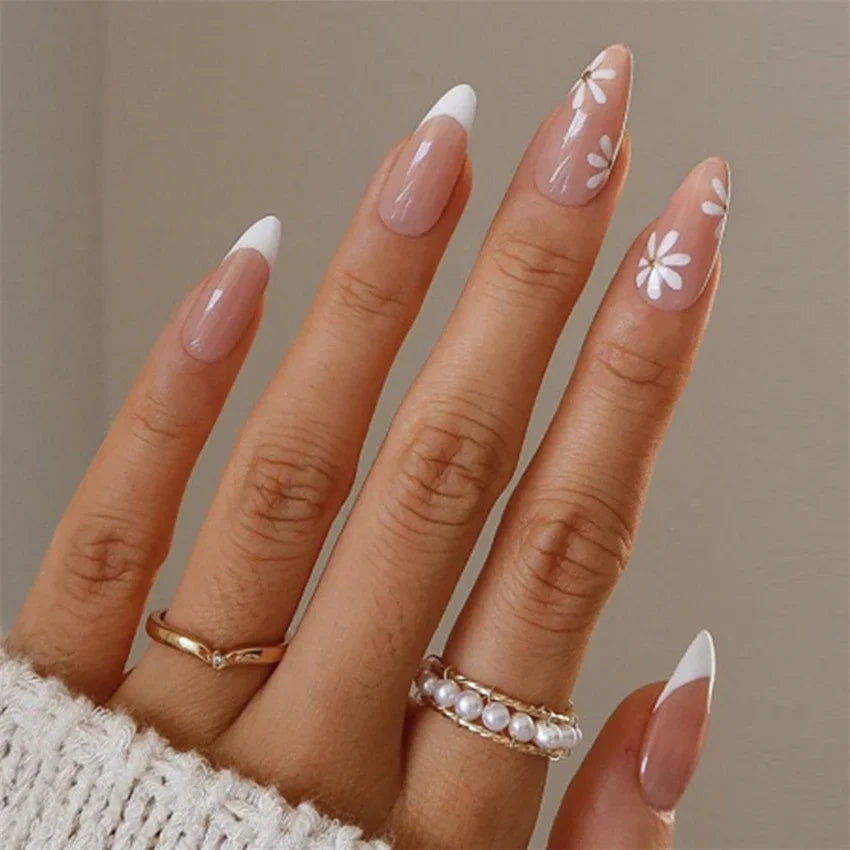 24Pcs/Set Press on Nails Gradient Point Drill Ballet Wearing False Nails Long French Stick on Nail Artificial Acrylic Fake Nails
