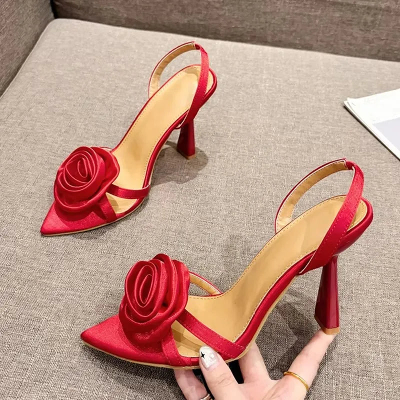 Liyke Green Silk Rose Flower Women's Slippers Open Toe High Heel Sandals Sexy Summer Party Dress Shoes for Adult Women