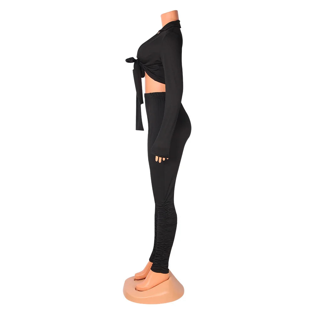 Women's Fashion Casual Slim Fit Two-Piece Set Open Shirt Butterfly Knot Long Sleeve Top with Long Pants Eye-Catching Streetwear