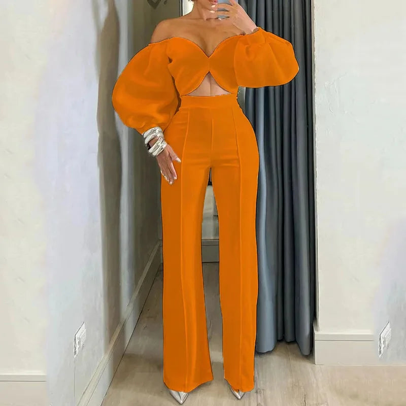 Pant Set Women Two Piece Sets Slim Fit Off Shoulder Sexy Puff Sleeve V Neck Tops High Waist Elegant Splice Straight Long Pants