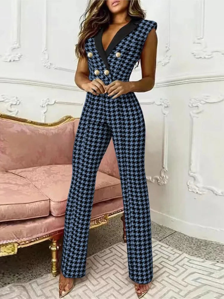 New Elegant Women's Plaid Jumpsuit Chic Office Ladies 2024 Summer Sleeveless V Neck High Waist Button Work Jumpsuit