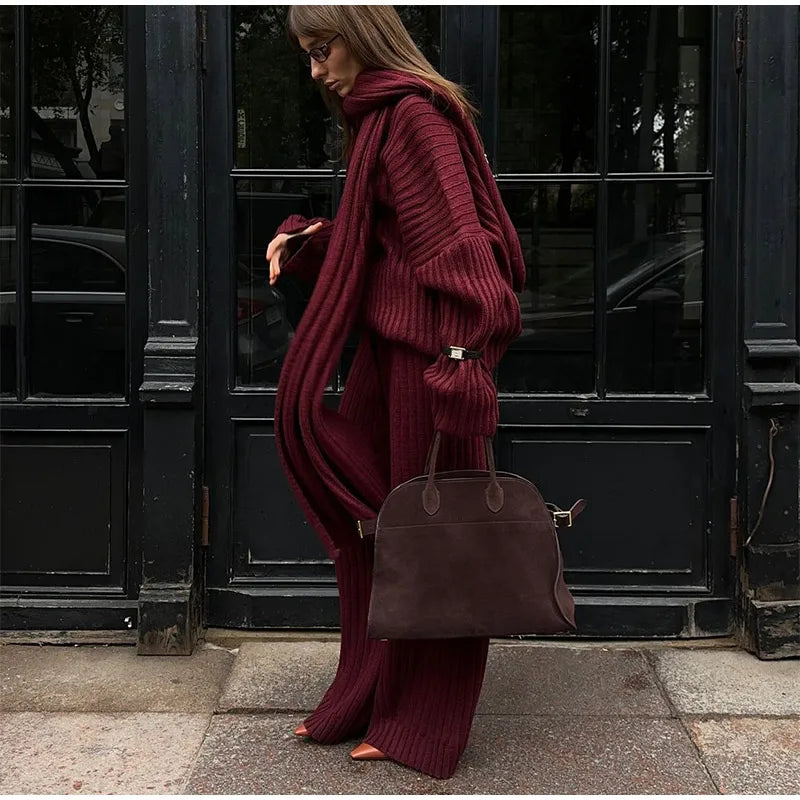 Oversize Knitted Women's Set V-Neck Full Sleeve Scarf Pullover Long Trousers Casual Loose Lady Suit for Autumn