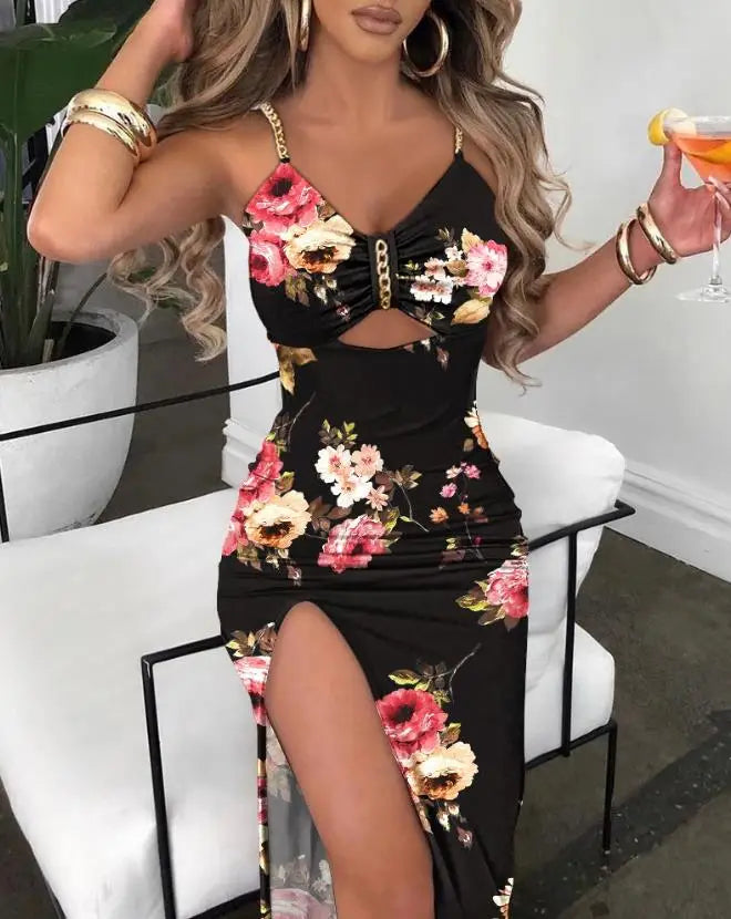 Sexy Floral Print High Slit Bodycon Dress Summer Daily Fashion Sleeveless Chain Decor Cutout Maxi Skinny Party Dresses