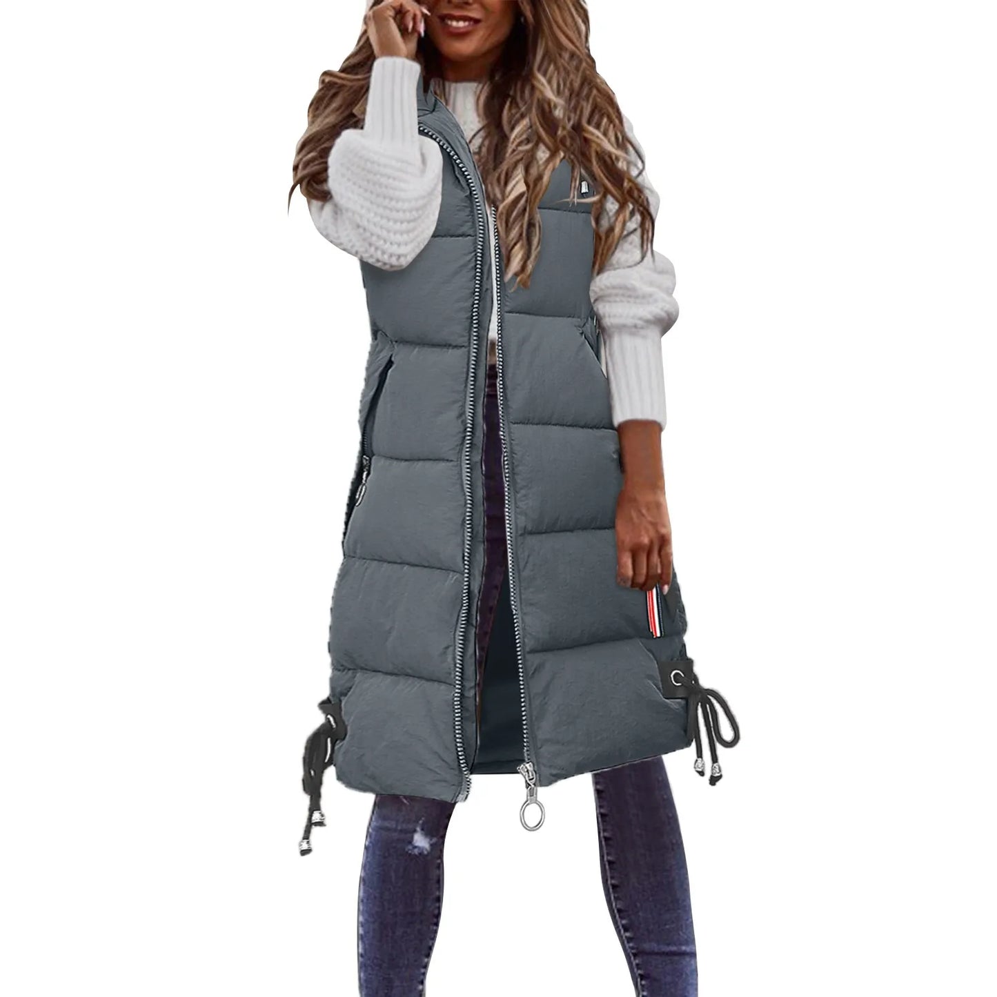 Women's Sleeveless Vest Long Down Cotton Jacket Solid Padded Vests Loose Females Fashion Casual Winter Coat L5