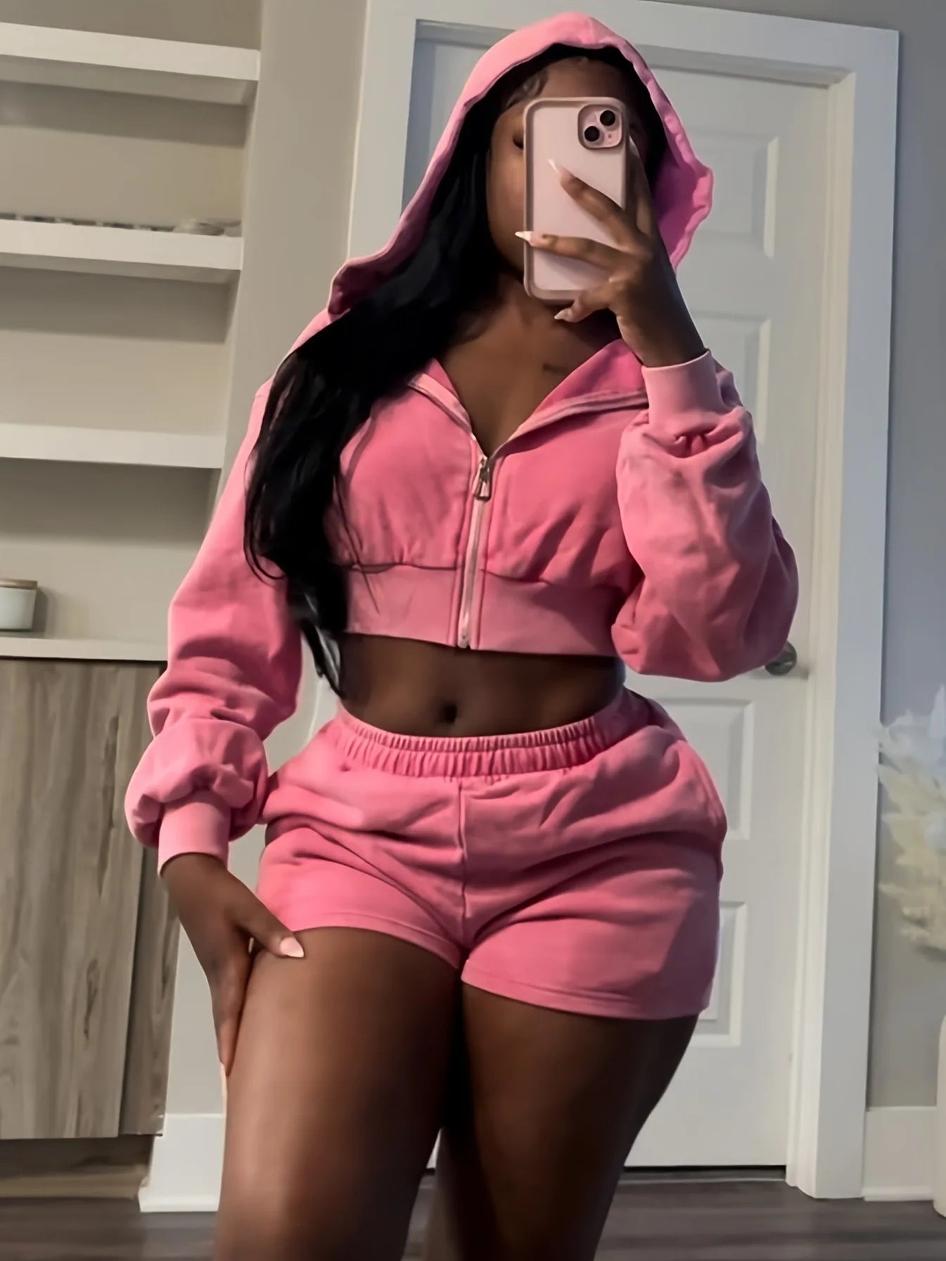 FAGADOER Autumn New Pink Two Piece Set Women Casual Outfits Long Sleeve Zip Hoodies Top and Shorts Suits Girls Sports Streetwear