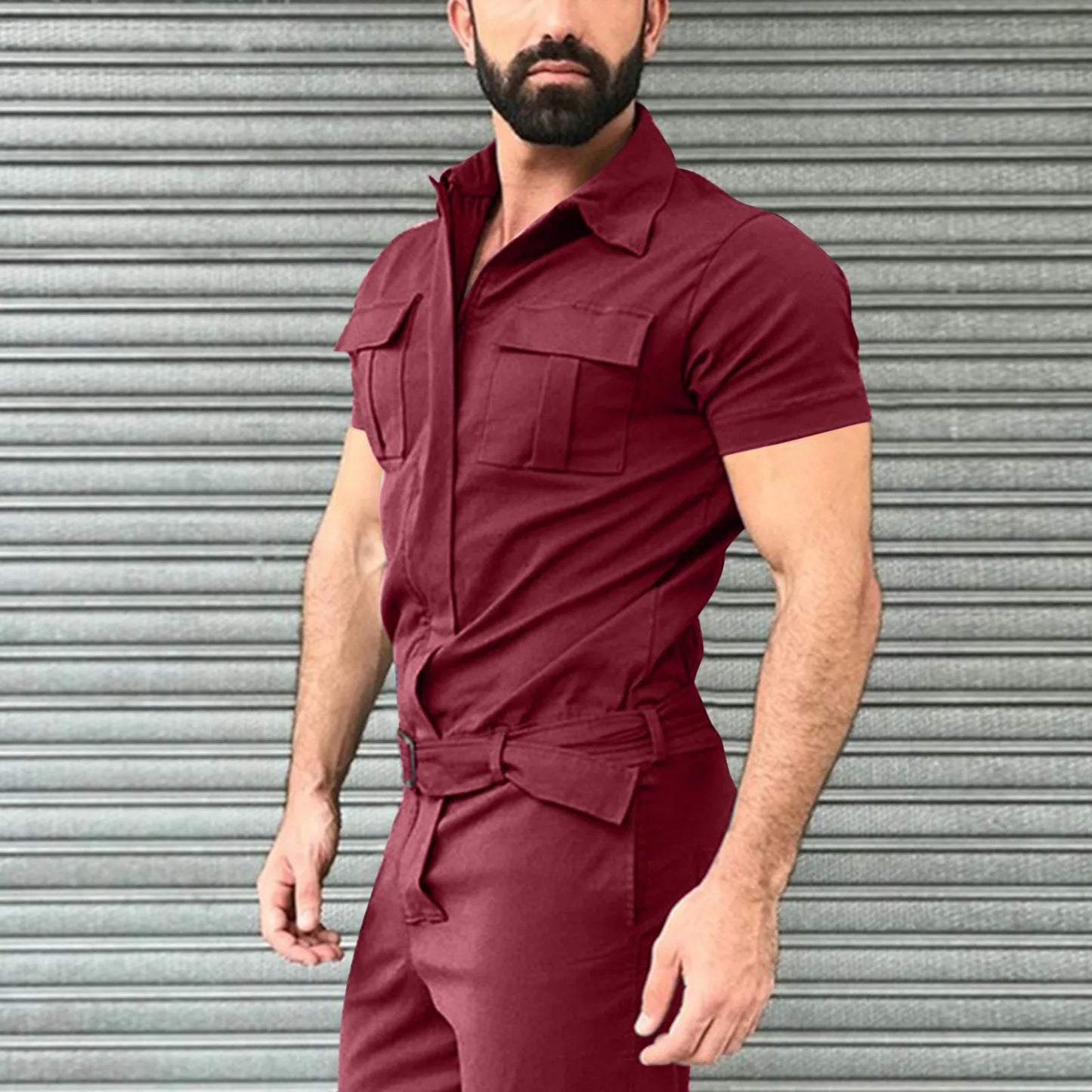 2024 New Men's Fashion Jumpsuit Solid Color Belted Cargo Pants for Leisure Fitting Clothing