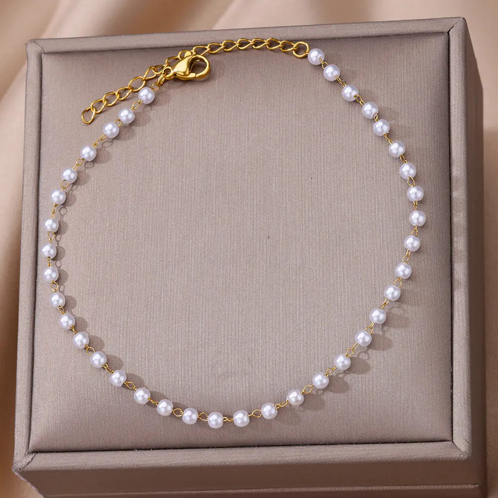 Anklets for Women Stainless Steel Evil Eye Imitation Pearl Anklet Leg Bracelet Boho Summer Jewelry Accessories Tobilleras Mujer