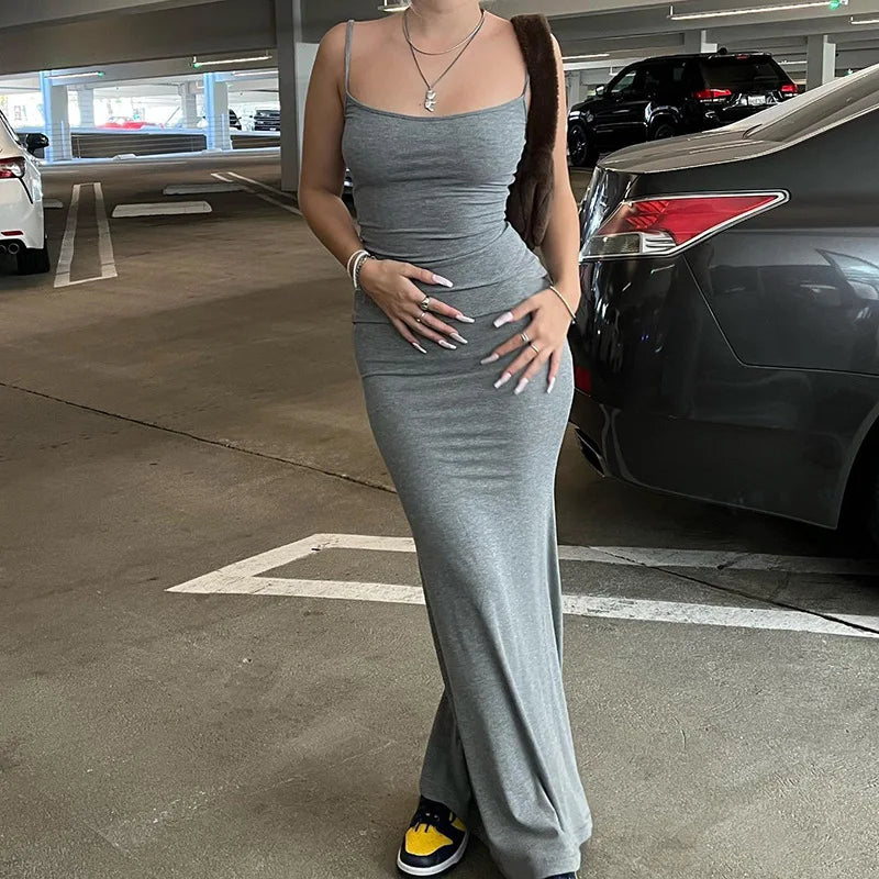 Summer Dresses For Women Sexy Spaghetti Strap Black Long Dress Y2k Sleeveless Solid Skinny Bodycon Trumpet Maxi