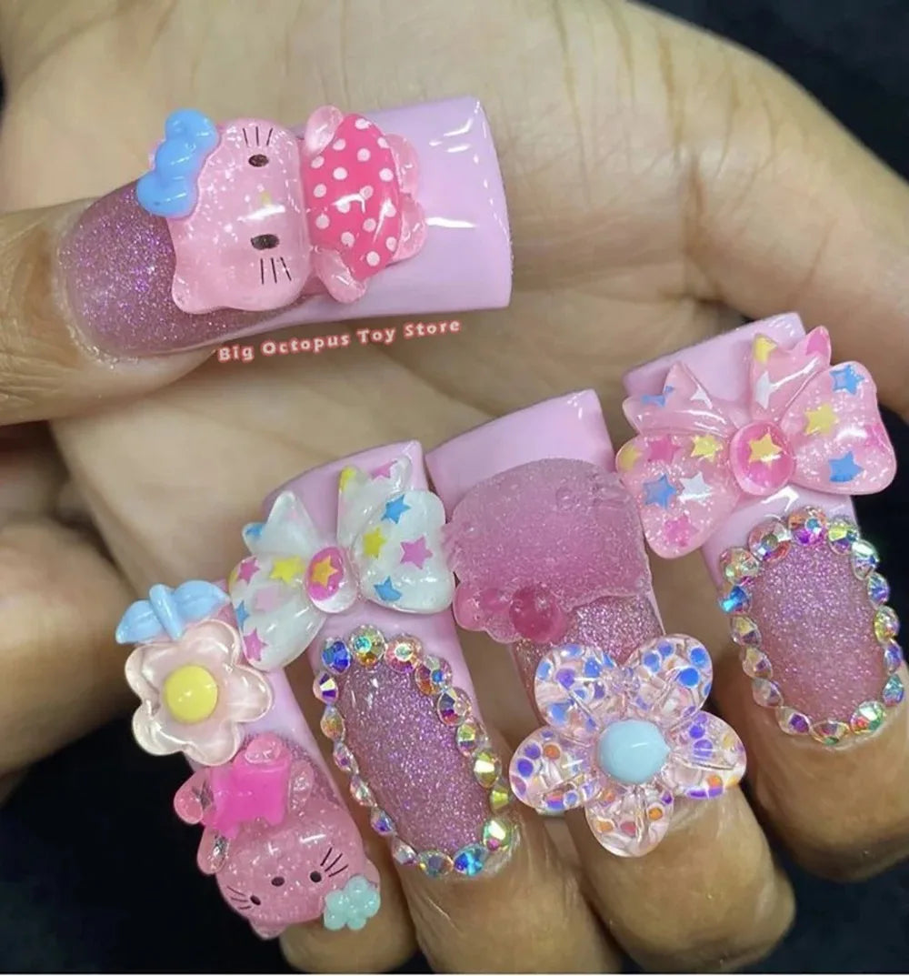 Xxl Euro-Americaen Long Square Cartoon Fake Nails Hello Kitty Mymelody Kuromi Luxury Diamond Handmade Nail Tips Party Sticker