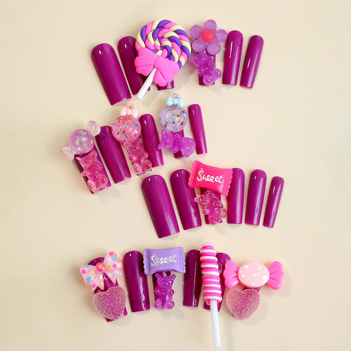 Lovely Lollipop Bear DIY False Nail Tips y2k Style Fake Nail Long Coffin Ballet Purple Artificial Nails for Girls Women 24pcs