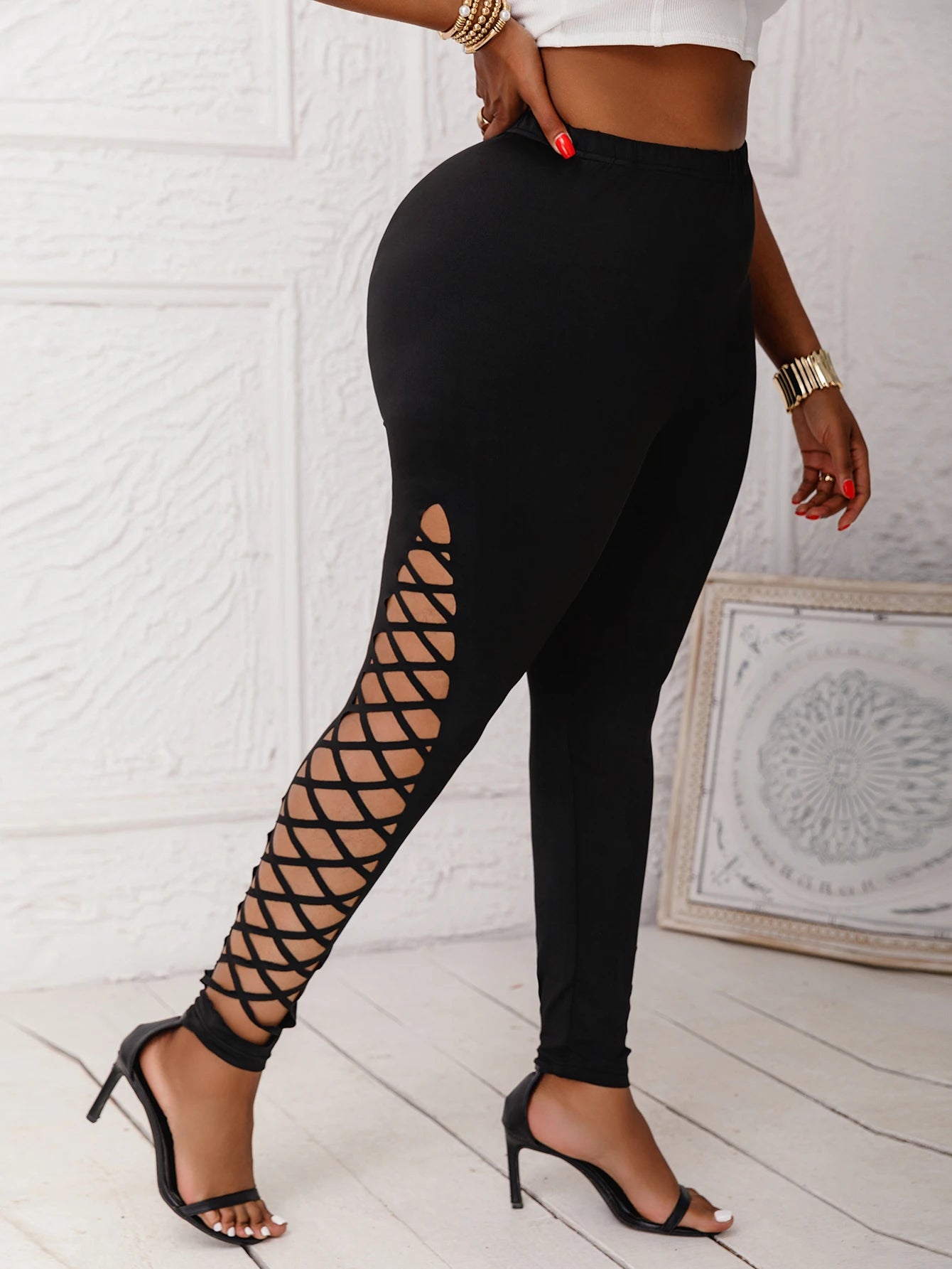 Plus Size Leggings For Women Clothing with Lattice Cutouts Mid-Waisted Stretchy Solid Color Female Knit Pants for Casual Outing