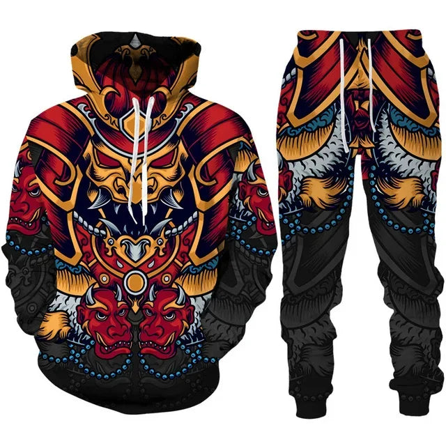 Tracksuit Sets Boys Hoodie Japan Samurai Mask Tattoo Art 3D Printed Casual Fashion Harajuku Streetwear Clothes For Boys Clothing