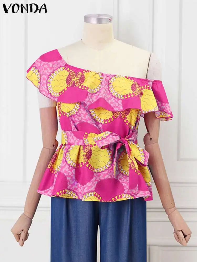 Elegant Women's Ruffled Blouses with Sexy Skew Collar Summer Fashion Short Sleeve Belted Casual Loose Shirts