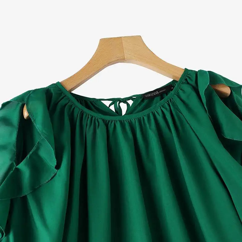 ZANZEA Women's Cold Shoulder Ruffled Blouse Half Sleeve Casual Loose Top with Back Straps Pleated Summer Tunic Fashion O-Neck