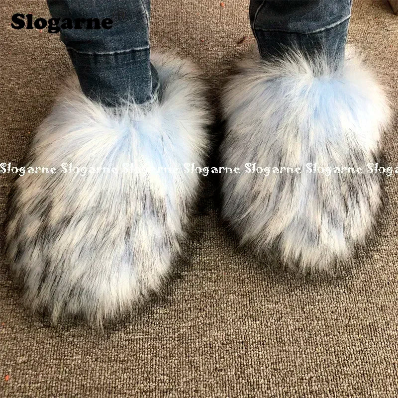 New Colorful Raccoon Fur Slippers Women Winter Faux Fur Shoes Ladies Luxury Furry Slippers Girls Artificial Fox Furs Slides Shoe