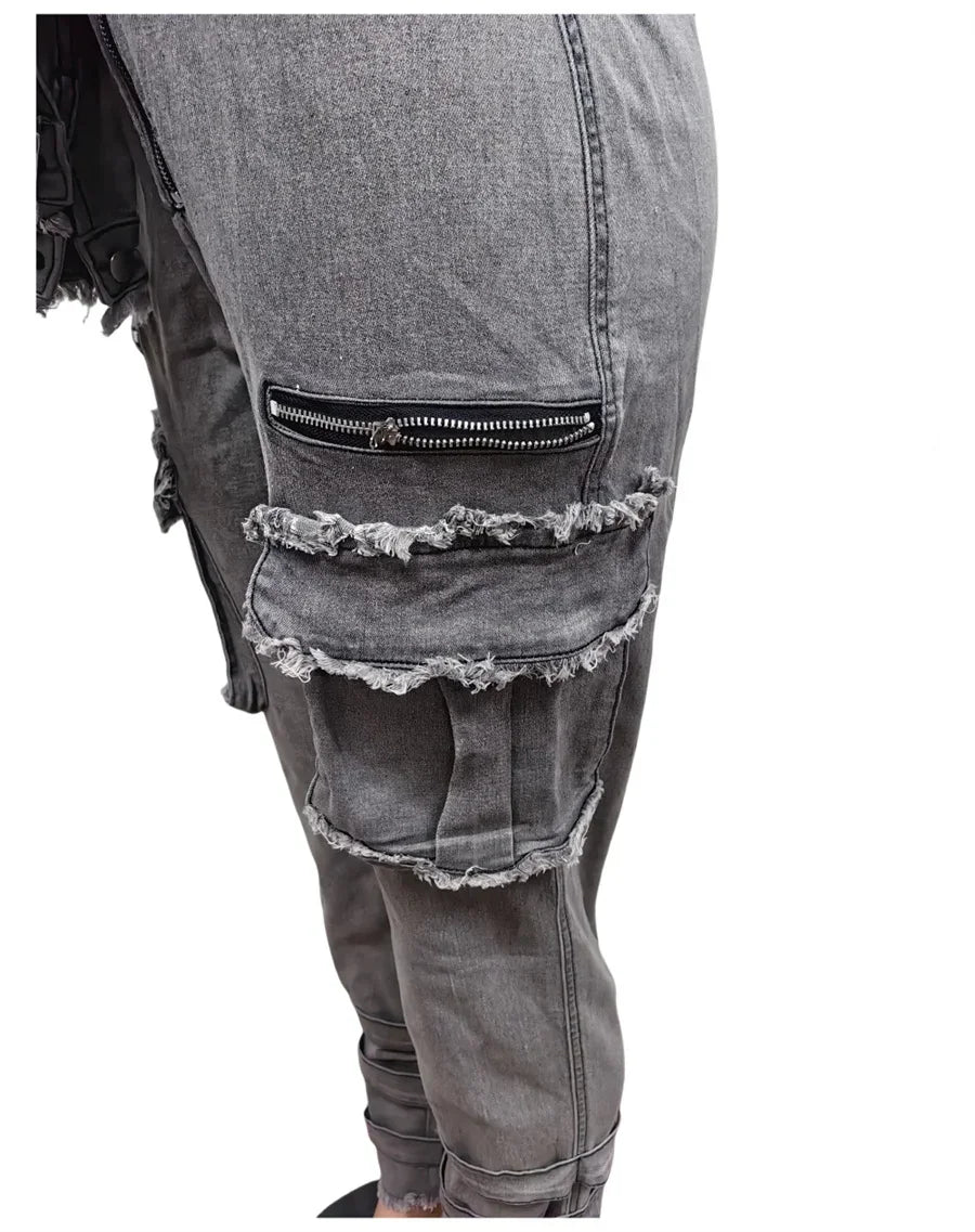 Autumn New Half Zipper Lace-up Denim Jumpsuit Women's Fashion Long Sleeve Elastic Slim Raw Trim Pocket Cargo Pants