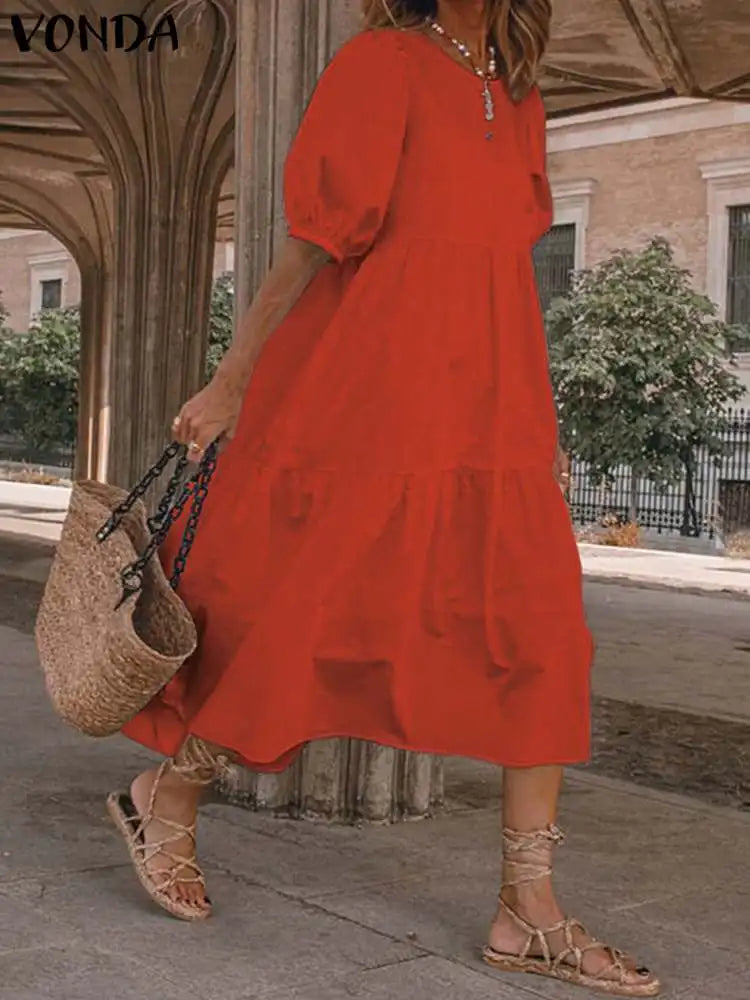 Summer Dress Vintage Lantern Sleeve Mid-Calf Dress Beach Bohemian Women Summer Sundress 2024 VONDA