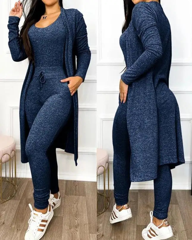 Two Piece Set Women Outfit Spring Fashion Drawstring Pocket Design U-Neck Sleeveless Skinny Jumpsuit & Long Sleeve Coat Set