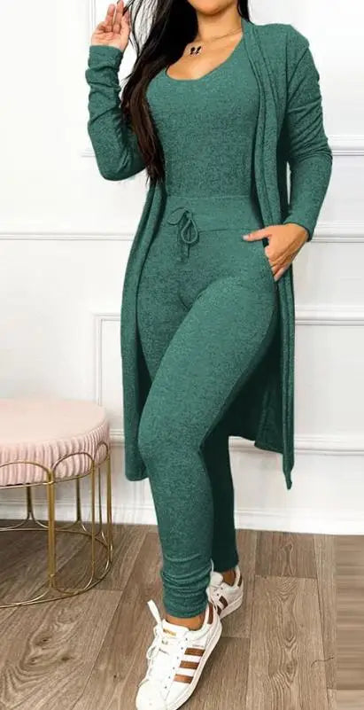 Two Piece Set Women Outfit Spring Fashion Drawstring Pocket Design U-Neck Sleeveless Skinny Jumpsuit & Long Sleeve Coat Set