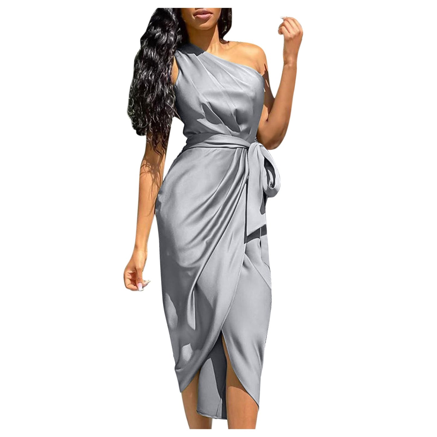 Women Prom Cocktail Dresses Sexy Solid One Shoulder Ruched Slit Belted Waist Dress Sleeveless Formal Occasion Dresses 원피스