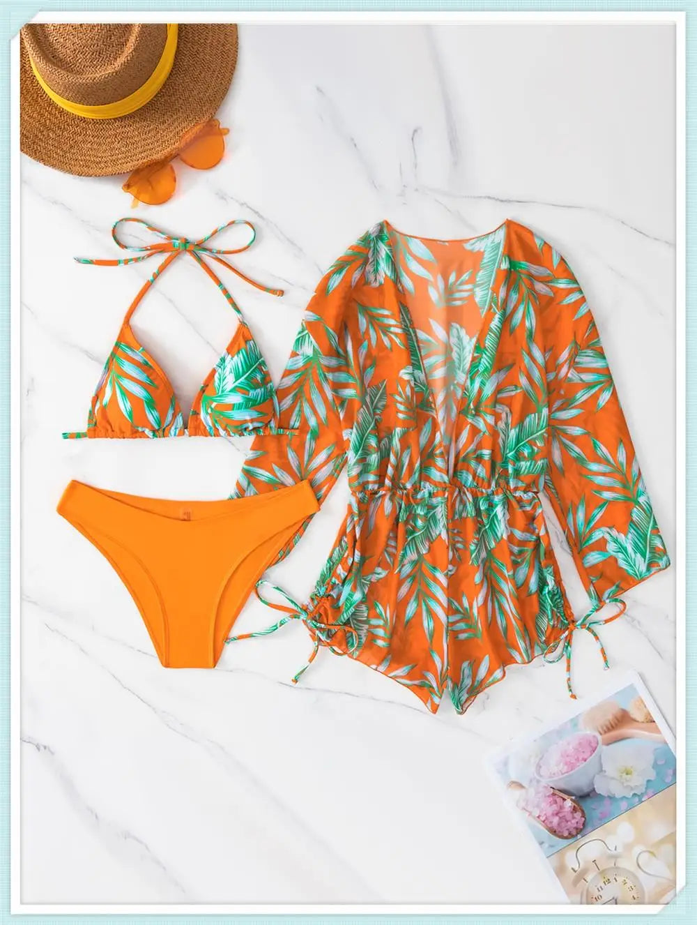 3 pieces Halter Bikini Tropical Print Swimsuit Drawstring Side Swimwear Women Long Sleeve Bathing Suit Female Swimming Beachwear