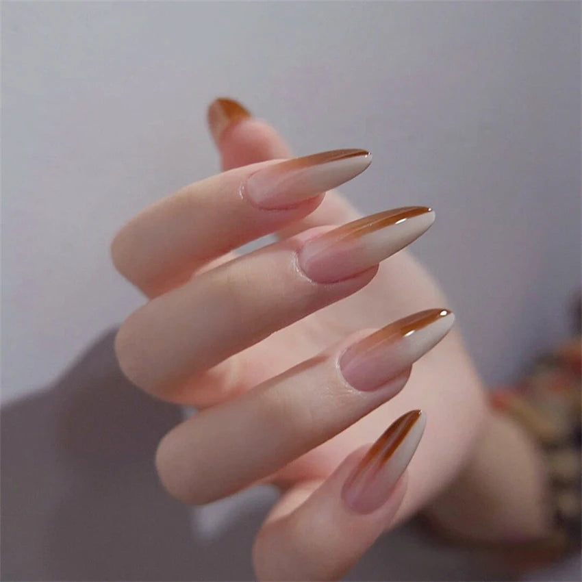 24Pcs/Set Press on Nails Gradient Point Drill Ballet Wearing False Nails Long French Stick on Nail Artificial Acrylic Fake Nails