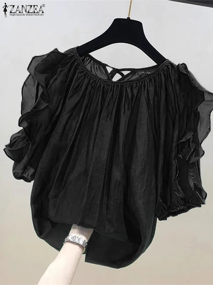 ZANZEA Women's Cold Shoulder Ruffled Blouse Half Sleeve Casual Loose Top with Back Straps Pleated Summer Tunic Fashion O-Neck