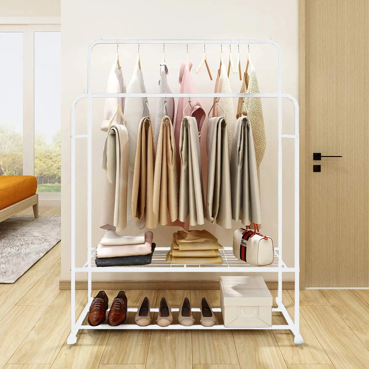 Wisfor Heavy Metal Double Clothes Rail Hanging Rack Garment Display Stand Storage Shelf
