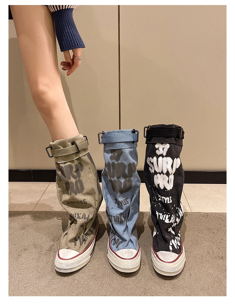 Women's Spring Graffiti High Canvas Boots Round Head Middle Follow Anti-slip Boots Women Leisure Fashion Rubber Sole Botas Mujer