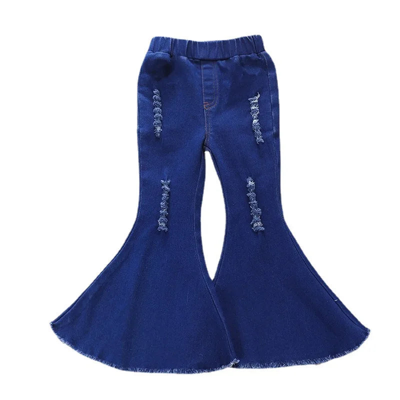 New Spring Autumn Girls Casual Jeans Bell Bottom Trousers Kids Vintage Ripped Solid Stretch Denim Flare Pants Children Clothing