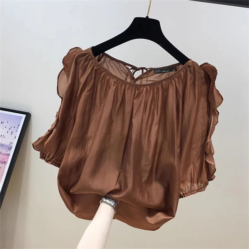 ZANZEA Women's Cold Shoulder Ruffled Blouse Half Sleeve Casual Loose Top with Back Straps Pleated Summer Tunic Fashion O-Neck