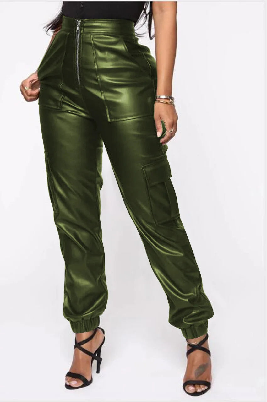 Autumn Winter Fashion Women's Trousers Faux Leather High Waisted Joggers with Zipper Multi Pocket Straight-Leg Cargo Pants