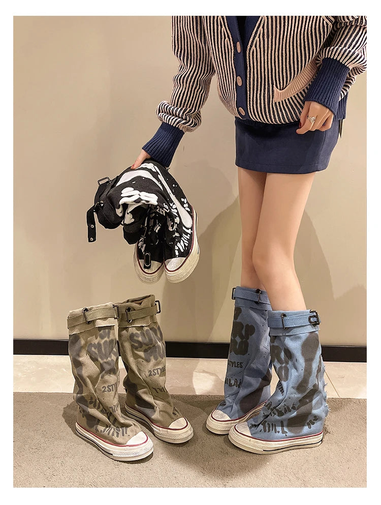 Women's Spring Graffiti High Canvas Boots Round Head Middle Follow Anti-slip Boots Women Leisure Fashion Rubber Sole Botas Mujer
