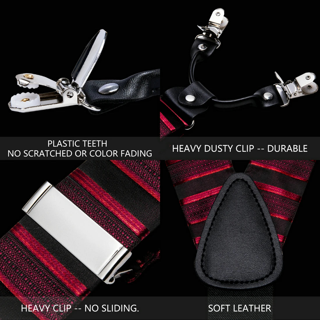 Luxury Red Black Striped Suspenders for Man Party Pre-tied Bowtie Pocket Square Cufflinks Set Silk Leather Metal 6 Clips Braces