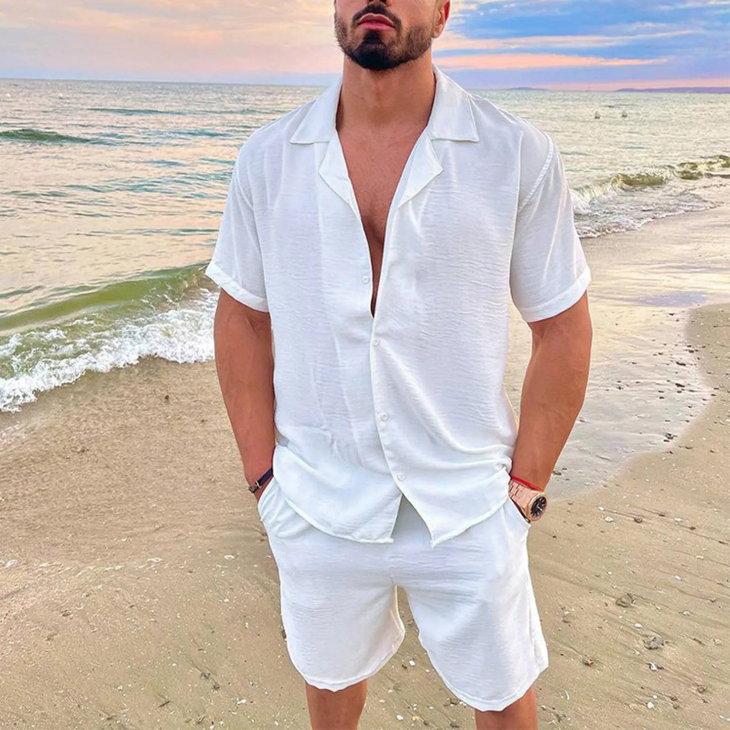 Summer Men Beach Shirt Board Shorts Set Solid White Linen Shirt Button-up Tops Bottom Tracksuit Clothing