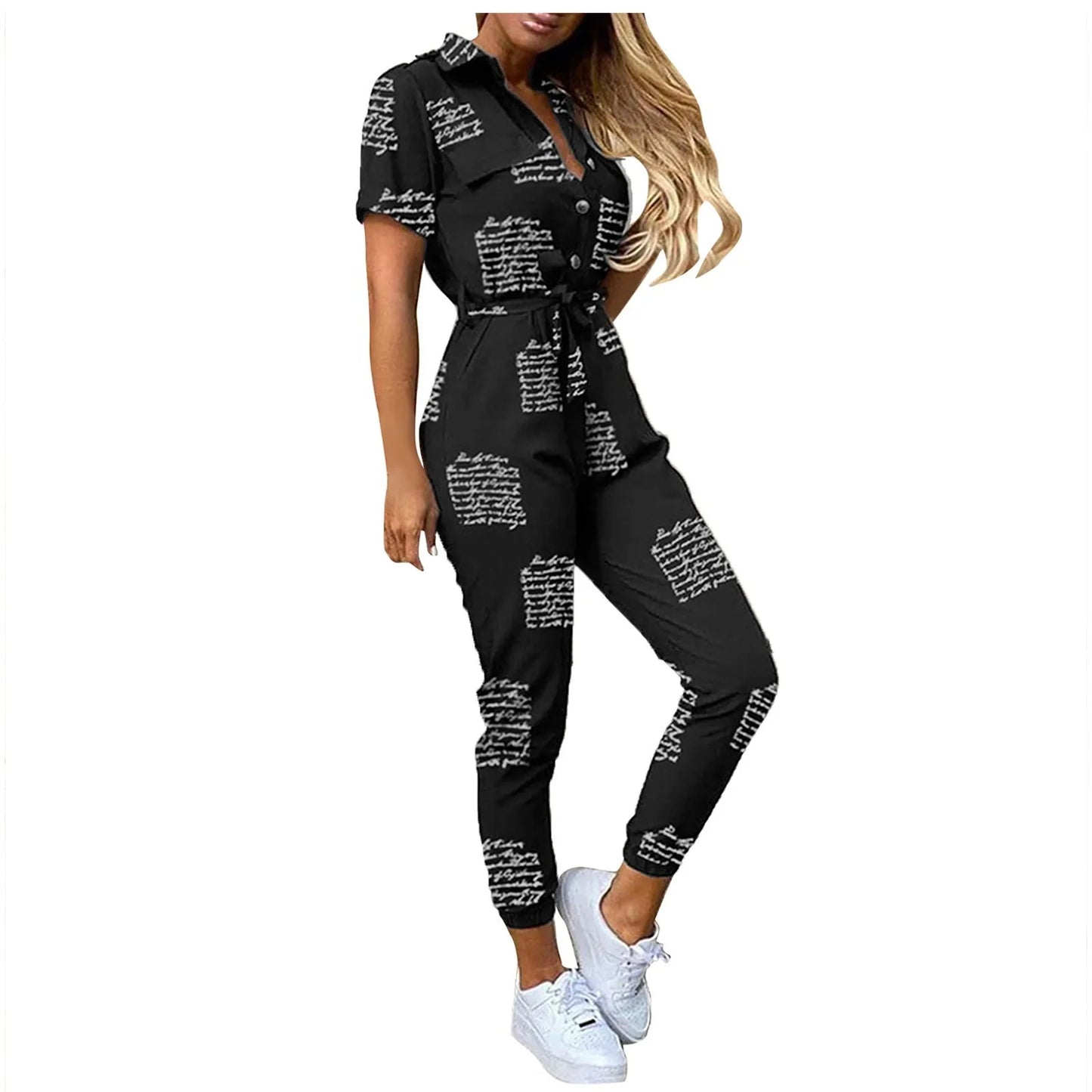 Women's Casual Lapel Lace-Up Printed Belt Short Sleeve Jumpsuit Summer Fashion Workwear Keep Short Eye Catching Junior Size