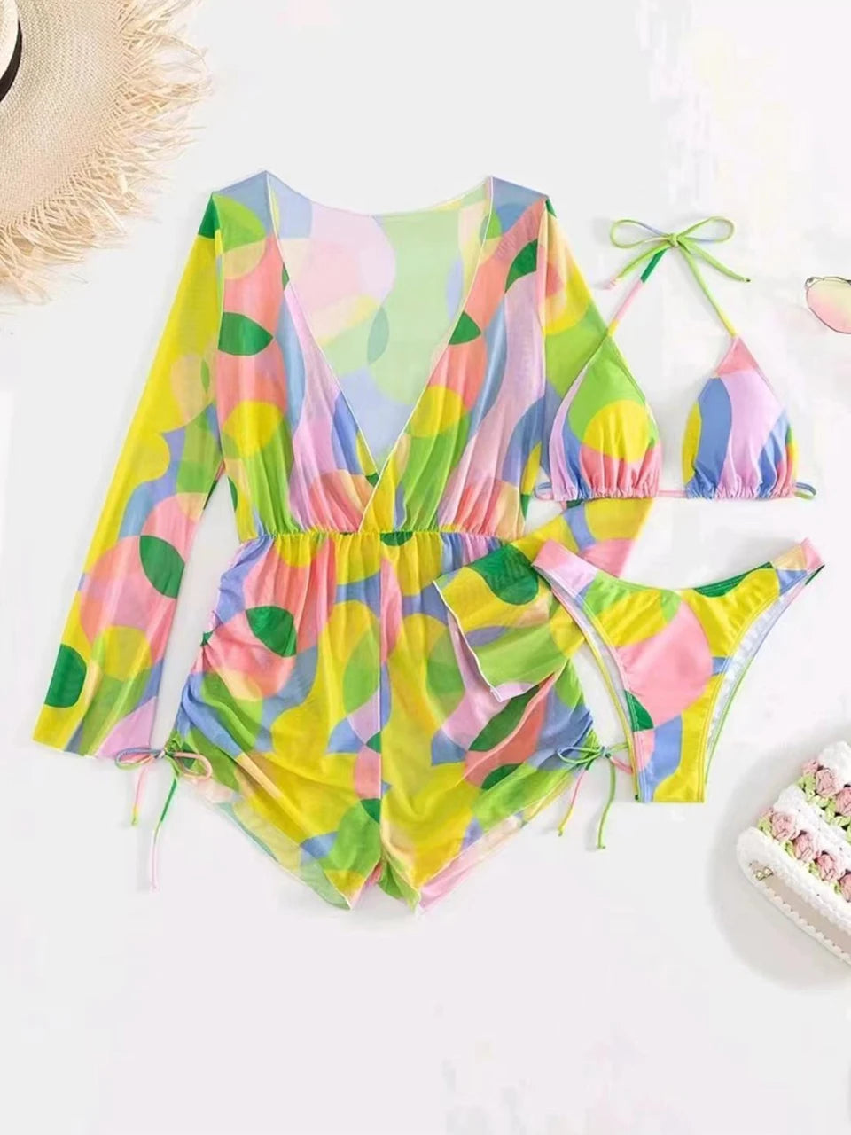 3 pieces Halter Bikini Tropical Print Swimsuit Drawstring Side Swimwear Women Long Sleeve Bathing Suit Female Swimming Beachwear