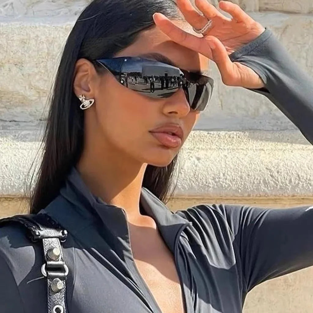 Y2K Rimless Brand Designer Sunglasses Women or Men One Piece Trending Luxury Sun Glasses Rivet Steampunk Pink Shades UV400