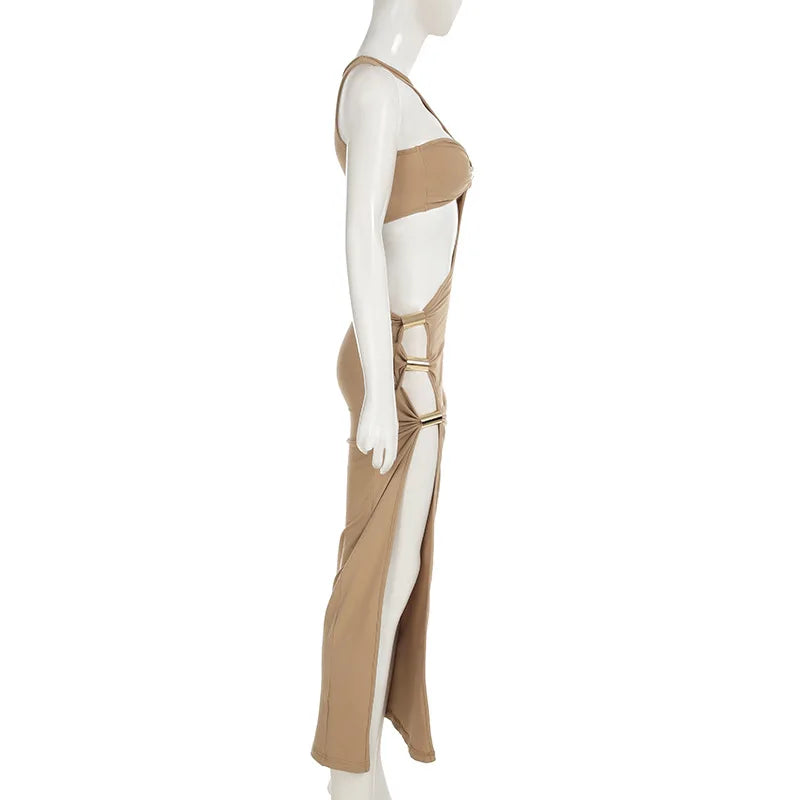 Sexy Slim Fit Maxi Dress with Metal Buckles Hollow Out Split Bodycon Style for Women O-neck Sleeveless Backless Party Clubwear