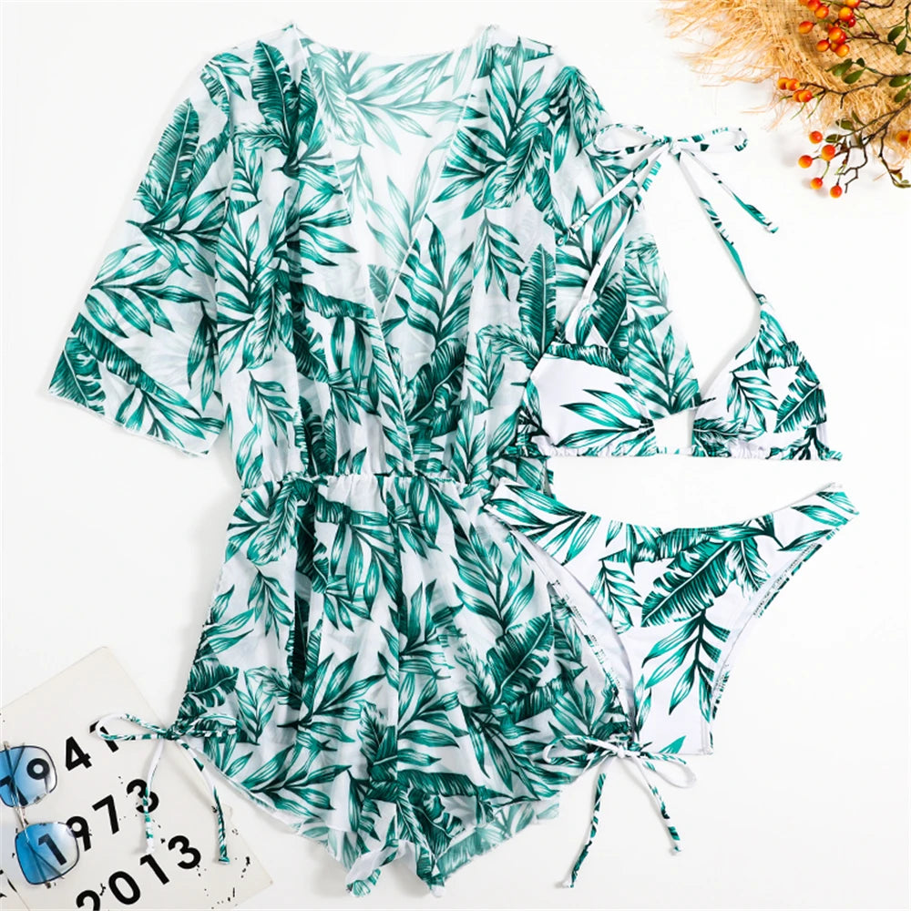 3 pieces Halter Bikini Tropical Print Swimsuit Drawstring Side Swimwear Women Long Sleeve Bathing Suit Female Swimming Beachwear