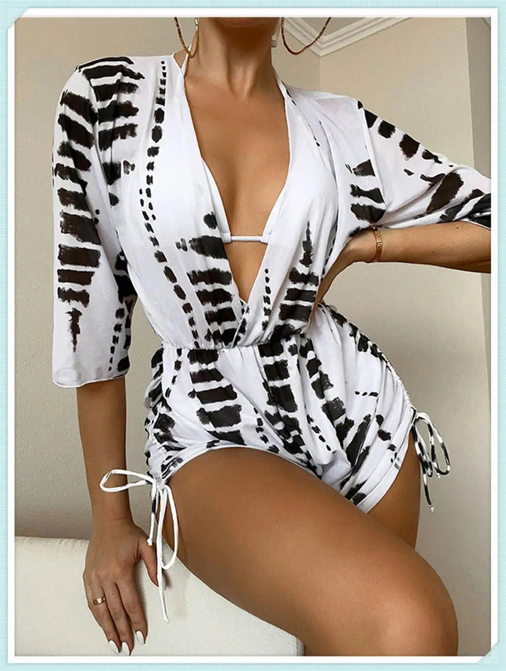 3 pieces Halter Bikini Tropical Print Swimsuit Drawstring Side Swimwear Women Long Sleeve Bathing Suit Female Swimming Beachwear