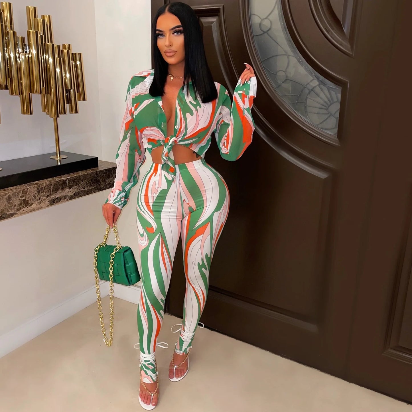 CM.YAYA Autumn Letter Leaf Print Women's Set Blouses Shirt Legging Pants Suit Active Wear Tracksuit Two Piece Set Fitness Outfit