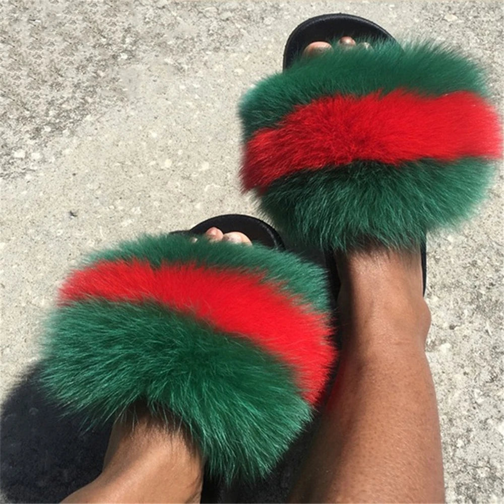 Hot Sale Summer Women Fox Fur Slippers Furry Slippers Designer Fur Slides Girls Black Fur Slides Gorgeous Big Fur Slides Sandal