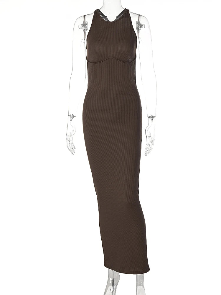 Hugcitar Ribbed Solid Hollow Out Backless Sleeveless Sexy Slit Dress Bodycon 2025 Summer Women Outfits Elegant Party Y2K