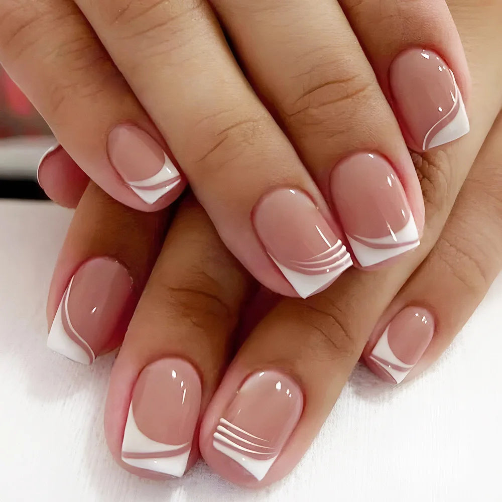 24Pcs Pink French Style Press on Nails with White Flower Print Short Square Head False Nails Simple Wearable Artificial Nails Art