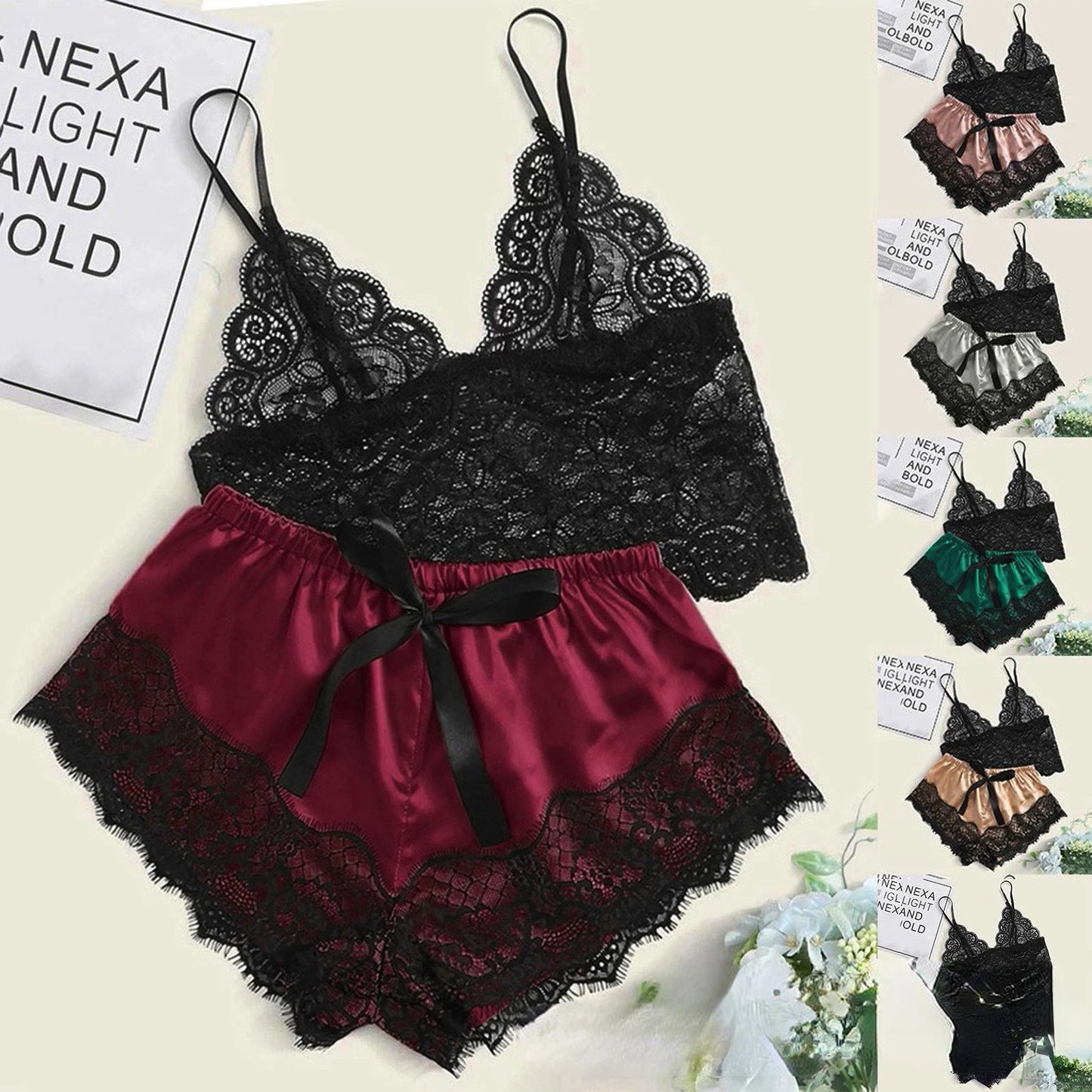 Women's Sexy Pajama Set 2 Pieces Lace Spaghetti Strap Top Shorts Sleepwear Lingerie Sleeveless Summer Clothes