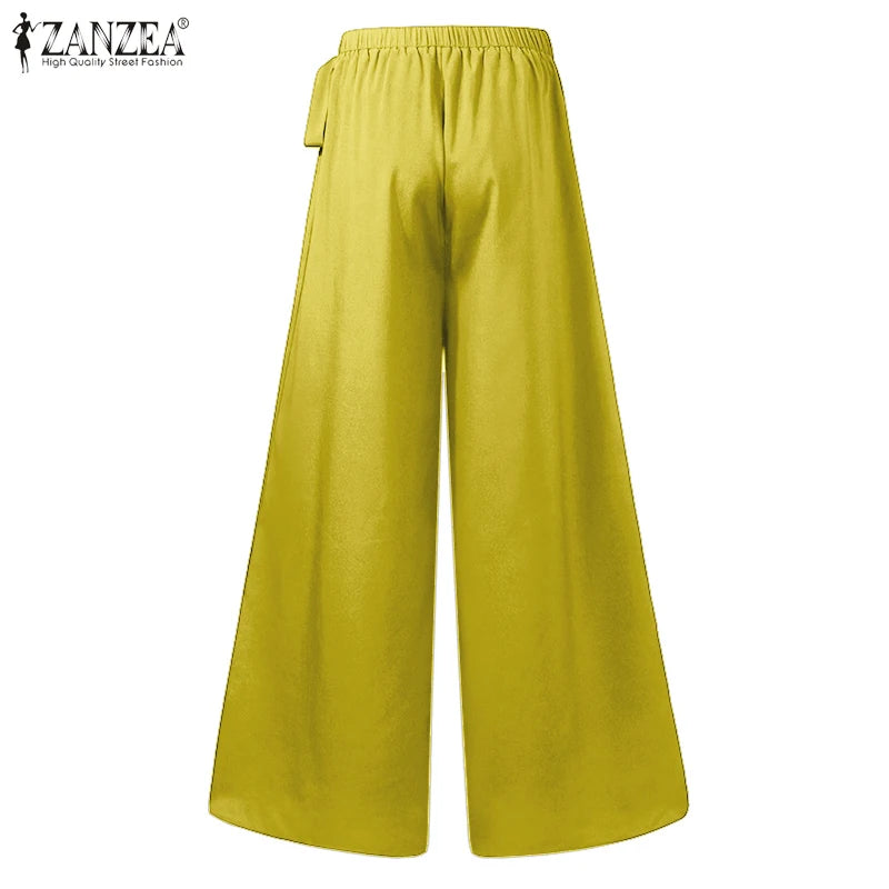 Elegant High Waist Solid Work Trousers ZANZEA Fashion Summer Women Loose Wide Leg Pants Palazzo Oversized Bow Tie Long Pantalon