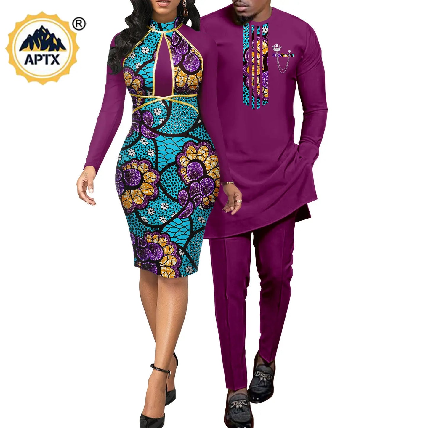African Abaya Hip Dresses for Women Matching Couple Outfits with Bazin Riche Men's Top and Pant Set Dashiki Print